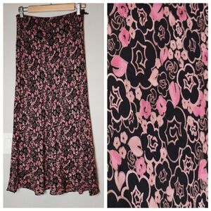 Ann Taylor 100% Silk Pink Black Floral Maxi Skirt Size 4 Vintage Y2K 90s